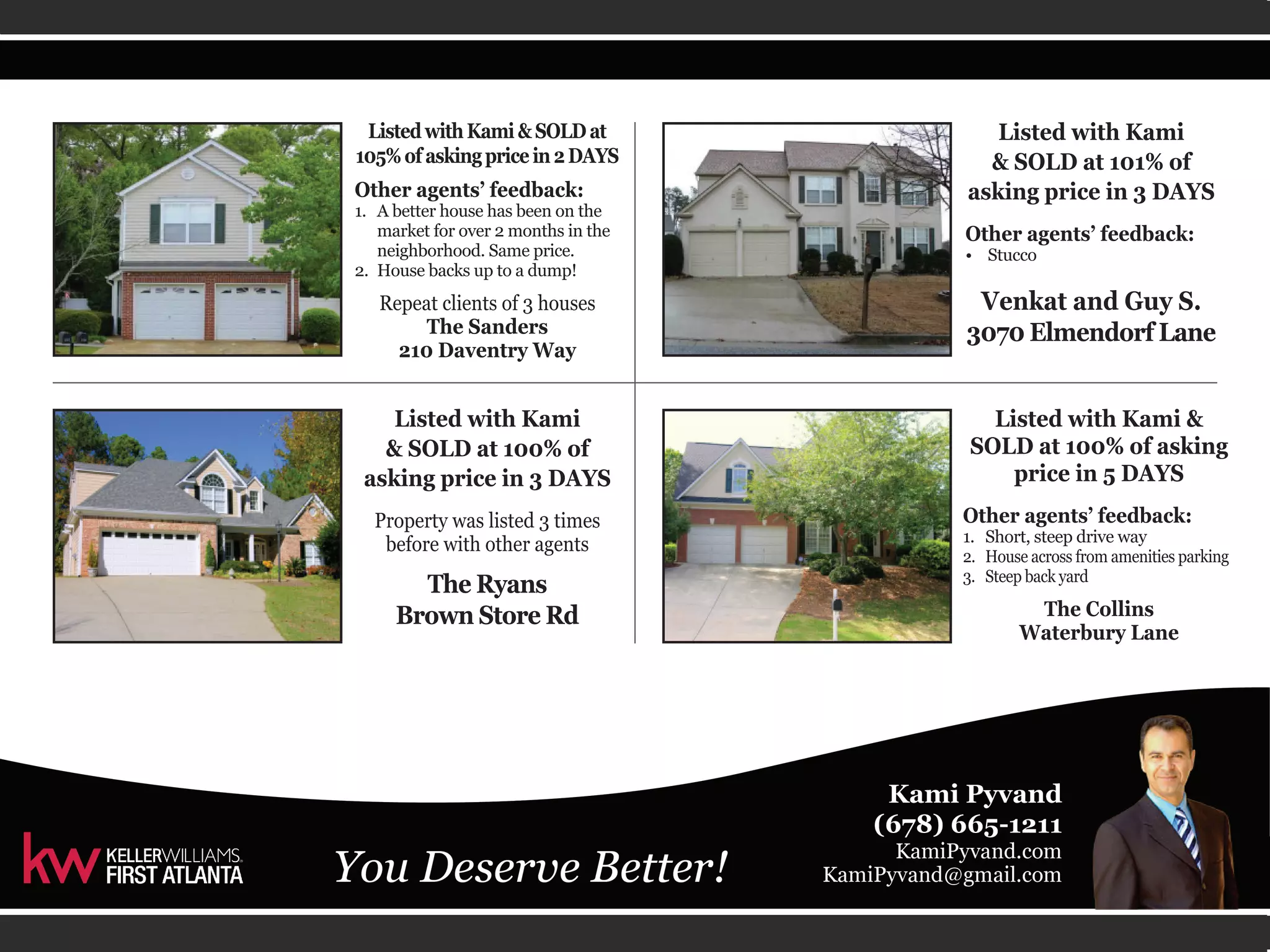 Listed with Kami & SOLD at 
105% of asking price in 2 DAYS 
Other agents’ feedback: 
1. A better house has been on the 
market for over 2 months in the 
neighborhood. Same price. 
2. House backs up to a dump! 
Repeat clients of 3 houses 
The Sanders 
210 Daventry Way 
Listed with Kami 
& SOLD at 101% of 
asking price in 3 DAYS 
Other agents’ feedback: 
• Stucco 
Venkat and Guy S. 
3070 Elmendorf Lane 
Listed with Kami & 
SOLD at 100% of asking 
price in 5 DAYS 
Other agents’ feedback: 
1. Short, steep drive way 
2. House across from amenities parking 
3. Steep back yard 
The Collins 
Waterbury Lane 
Listed with Kami 
& SOLD at 100% of 
asking price in 3 DAYS 
Property was listed 3 times 
before with other agents 
The Ryans 
Brown Store Rd 
 
