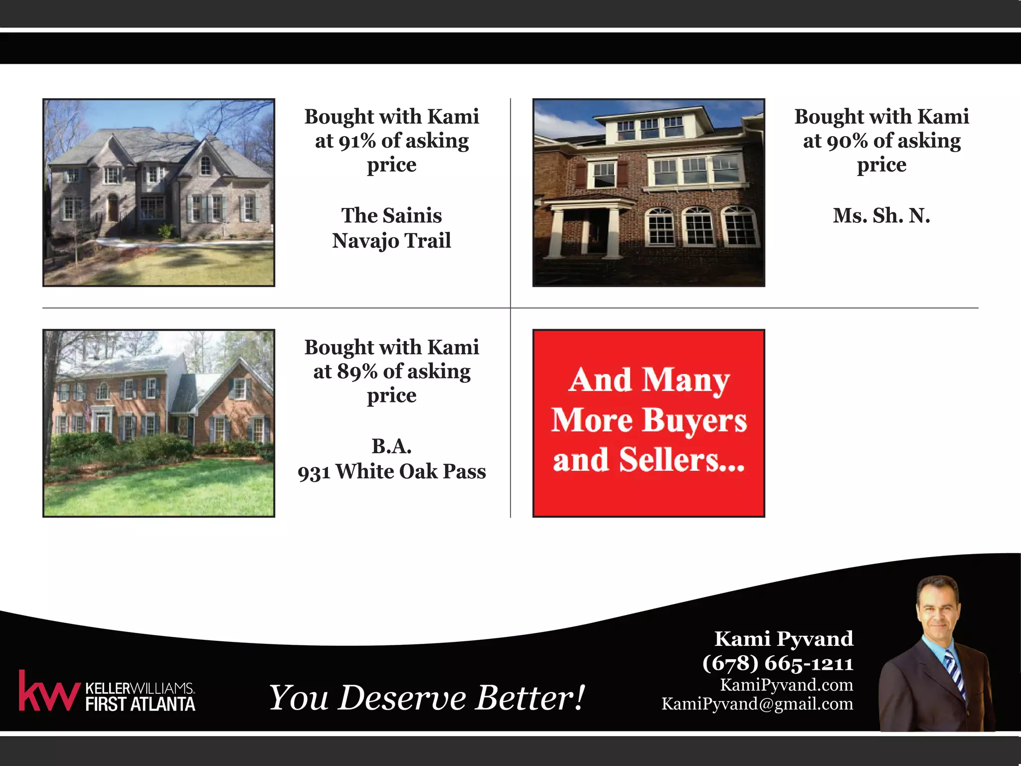 Bought with Kami 
at 89% of asking 
price 
B.A. 
931 White Oak Pass 
Bought with Kami 
at 90% of asking 
price 
Ms. Sh. N. 
Bought with Kami 
at 91% of asking 
price 
The Sainis 
Navajo Trail 
 