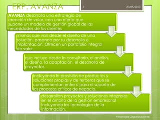 ERP: AVANZA 20/05/2013
Psicologia Organizacional
7
AVANZA desarrolla una estrategia de
creación de valor, con una oferta que
supone un modelo de gestión global de las
necesidades de los clientes
mismas que van desde el diseño de una
solución, pasando por su desarrollo e
implantación, Ofrecen un portafolio integral
de valor
que incluye desde la consultoría, el análisis,
el diseño, la adaptación, el desarrollo de
proyectos.
Incluyendo la provisión de productos y
soluciones propias y de terceros que se
complementan entre sí para el soporte de
los procesos críticos de negocio.
desarrollan proyectos y soluciones integrales
en el ámbito de la gestión empresarial
incluyendo las tecnologías de la
información.
 