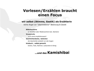 Vorlesen/Erzählen braucht
einen Focus
wir selbst (Stimme, Gestik) als Erzählerin
keine Angst vor "übertriebener" Betonung & Gestik
Bilderbuchkino
zu beziehen über Medienzentren bzw. Bücherei
Schatztruhe
auch sonst empfehlenswert!
Geschichtendecke, -säckchen
die Geschichte entsteht vor den Augen
Kniebuch , -selbst gemacht
Karton, Folie, Rahmen; Leitzordner & fertig
...und das Kamishibai
 