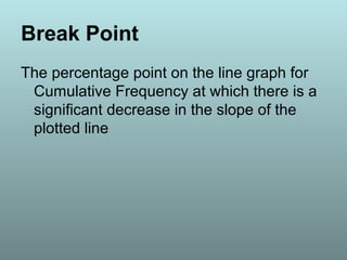 Break Point
The percentage point on the line graph for
Cumulative Frequency at which there is a
significant decrease in the slope of the
plotted line
 