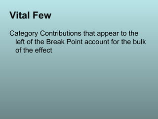 Vital Few
Category Contributions that appear to the
left of the Break Point account for the bulk
of the effect
 