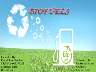 Bio fuels
An Alternate Fuel
April 4, 2018 1
Presented By:
Kamal Jeet Chauhan
CSJMA14001390203
Chemical Engg.
B. Tech (IV)
Submitted To:
Dr. Brishti Mitra
Chemical
Engg.(HOD)
 