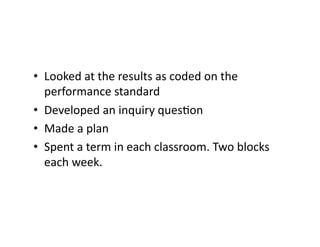 •  Looked	
  at	
  the	
  results	
  as	
  coded	
  on	
  the	
  
performance	
  standard	
  
•  Developed	
  an	
  inquiry	
  quesGon	
  
•  Made	
  a	
  plan	
  
•  Spent	
  a	
  term	
  in	
  each	
  classroom.	
  Two	
  blocks	
  
each	
  week.	
  

 
