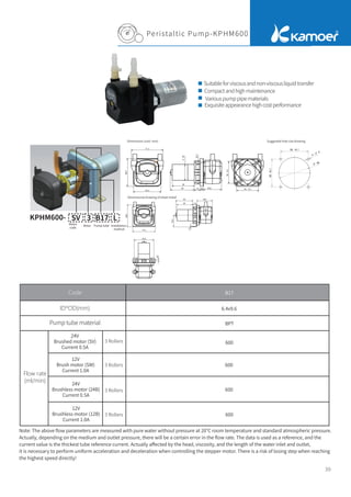 30
Peristaltic Pump-KPHM600
Dimensions (unit: mm) Suggested hole size drawing
Suitableforviscousandnon-viscousliquidtransfer
Compactandhighmaintenance
Variouspumppipematerials
Exquisiteappearancehighcostperformance
KPHM600- SV B17
3 L
24V
Brushed motor (SV)
Current 0.5A
6.4x9.6
BPT
600
600
600
600
B17
12V
Brush motor (SW)
Current 1.0A
24V
Brushless motor (24B)
Current 0.5A
12V
Brushless motor (12B)
Current 1.0A
Note: The above ﬂow parameters are measured with pure water without pressure at 20°C room temperature and standard atmospheric pressure.
Actually, depending on the medium and outlet pressure, there will be a certain error in the ﬂow rate. The data is used as a reference, and the
current value is the thickest tube reference current. Actually aﬀected by the head, viscosity, and the length of the water inlet and outlet,
it is necessary to perform uniform acceleration and deceleration when controlling the stepper motor. There is a risk of losing step when reaching
the highest speed directly!
Pump tube material
Code
ID*OD(mm)
3 Rollers
3 Rollers
3 Rollers
3 Rollers
Flow rate
(ml/min)
Dimensional drawing of sheet metal
Pump tube Installation
method
Motor
code
Rotor
 