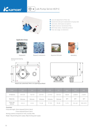 33
Parameter
Pump tube length: 135mm (exposed 29.5mm) Code-B
175mm (exposed 49.5mm) Code-S
Working conditions: temperature 0～40℃, humidity <80%
Weight: 270g (excluding power supply), 330g (including power supply)
Equipment Research institutions Aquarium ﬁsh tank laboratory
Silicone Silicone Silicone Silicone Silicone
S02 S04 S06 S08 B04
S10 B08
0.6×3.0 1.0×3.0 2.0×4.0 2.5×4.5 3.0×5.0 1.0x3.0 2.5x4.5
BPT BPT
2.6~4 4~14 11~34 17~50 19~65 3~13
B06
2.0x4.0
BPT
9.3~32 14.6~41.5
Lab Pump Serier-KCP-C
ApplicationAreas
Dimensional drawing
Unit：mm
Code
ID*OD(mm)
Materials
Flow rate
ml/min
Low cost adjustment of ﬂow rate
Convenient and quick replacement of pump tube
Low noise, small space occupation
Simple structure, maintenance-free
With three rollers, moderate pulsation
Flow rate range: 2.6~65ml/min
Need to be customized, there is no opening by default
 