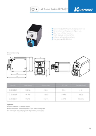 34
Dimensional drawing
Parameter
BPT pump tube length 135 (exposed 29.5mm)
Working environment: ambient temperature 0-40 ℃ relative humidity <80%
Bare metal weight: 500g packaging weight 700g (including power supply)
Part No Power supply BPT tube
CK.10.36.0645 DC24V 1X3.3 4-10
CK.10.36.0646 DC24V 2.0X4.0 9.3-32
CK.10.36.0647 DC24V 2.5X4.5
Silicone tube
1X3.3
2.0X4.0
2.5X4.5 14.6-41.5
Lab Pump Serier-KCP2-KXF
Unit：mm
Flow rate ml/min
Low cost to adjust the ﬂow rate, multiple pumps in one
Convenient and quick replacement of pump tube
Low noise, small space occupation
Simple structure, maintenance-free
With three rollers, moderate pulsation
Flow rate range: 2.6~41.5ml/min
 