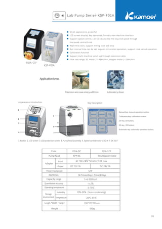 36
Appearance introduction Key Description
1. Button 2. LCD screen 3. LCD protection screen 4. Pump head assembly 5. Speed control knob 6. DC IN 7. DC OUT
F01A-STP
KSP-F01A
Manual key: manual operation button;
Calibration key: calibration button;
set key: set button;
OK key : OK button;
Automatic key: automatic operation button;
F01A-DC F01A-STP
Pump head
Adapter
Power input power
Add times
Capacity range
Quantitative accuracy
Operating temperature
Length * Width * Height
Storage
environment Temperature
Humidity
12W
Input
Output
KPP DC KAS Stepper motor
AC 100-240V 50-60Hz 1.0A max
DC 12V 1A DC 24V 1A
96 Times/Day-1 Time/4 Days
1 ml-9999 ml
<±2%
0-70℃
10%-90%（Non-condensing）
-20℃-85℃
200*170*110mm
Weight 660g
Precision wire saw emery addition Laboratory doser
Lab Pump Serier-KSP-F01A
ApplicationAreas
Code
Small appearance, powerful
LCD screen display, key operation, friendly man-machine interface
Support speed control, can be adjusted to the required speed through
the speed control knob
Real-time clock, support timing start and stop
Run interval time can be set, support circulation operation, support time period operation
Calibration function
Support multi-machine serial use through extension cable
Flow rate range: DC motor 27~40ml/min, stepper motor 1~10ml/min
 