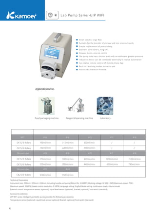 41
CK15/3 Rollers
Rollers
Rollers
Rollers
Rollers
CK15/6
CK15/3
CK15/6
CK25/3
190ml/min
140ml/min
31 0ml/min
220ml/min
650ml/min
390ml/min
/
/
/
/
170ml/min
120ml/min
300ml/min
200ml/min
670ml/min
440ml/min
1050ml/min
630ml/min
1520ml/min
780ml/min
530ml/min 950ml/min
Flow of different pump tube specifications ml/min
BPT
Silicone tube
Silicone tube
#19
#19
#15
#16
#16
#24
#25
#25
#17
#17
#18
#18
Technical Parameters
Accessories selection
Instrument size: 299mm×152mm×244mm (including handle and pump);Motor life: ≥6000h*；
Working voltage: AC 100～240V;Maximum power: 75W；
Maximum speed: 350RPM;Speed control resolution: 0.1RPM；
Language setting: English;Mode setting: continuous mode, volume mode
External control: temperature sensor (optional), liquid level sensor (optional), bracket (optional), foot switch (standard)
UIP WIFI series intelligent peristaltic pump provides the following accessories:
Temperature sensor (optional) Liquid level sensor (optional) Bracket (optional) Foot switch (standard)
Food packaging machine Reagent dispensing machine Laboratory
Lab Pump Serier-UIP WIFI
Small volume, large ﬂow
Suitable for the transfer of viscous and non-viscous liquids
Simple replacement of pump tubing
Stainless steel rollers, long life
Stepper motor, precise control
The pump tube has a thicker wall and can withstand greater pressure
Induction device can be connected externally to realize automation
Can realize remote control of mobile phone App
Built-in 2 working modes, easier to use
Advanced calibration method
ApplicationAreas
Pump tube
material/Roller
 