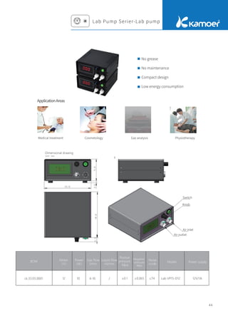 44
No grease
No maintenance
Compact design
Low energy consumption
BOM Motor
（V）
Power
（W）
Gas Flow
l/min
Liquid Flow
ml/min
Positive
pressure
Mpa
Negative
pressure
Mpa
Noise
m/db
Model Power supply
ck.33.03.0001 12 10 4-10 / ≥0.1 ≥0.065 ≤74 Lab VP15-D12 12V/1A
Medical treatment Cosmetology Gas analysis Physiotherapy
Lab Pump Serier-Lab pump
ApplicationAreas
Dimensional drawing
Unit：mm
Switch
Knob
Air inlet
Air outlet
 