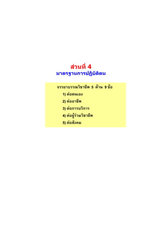 ส่วนที่ 4
มาตรฐานการปฏิบัติตน

จรรยาบรรณวิชาชีพ 5 ด้าน 9 ข้อ
   1) ต่อตนเอง
   2) ต่ออาชีพ
   3) ต่อการบริการ
   4) ต่อผู้ร่วมวิชาชีพ
   5) ต่อสังคม
 