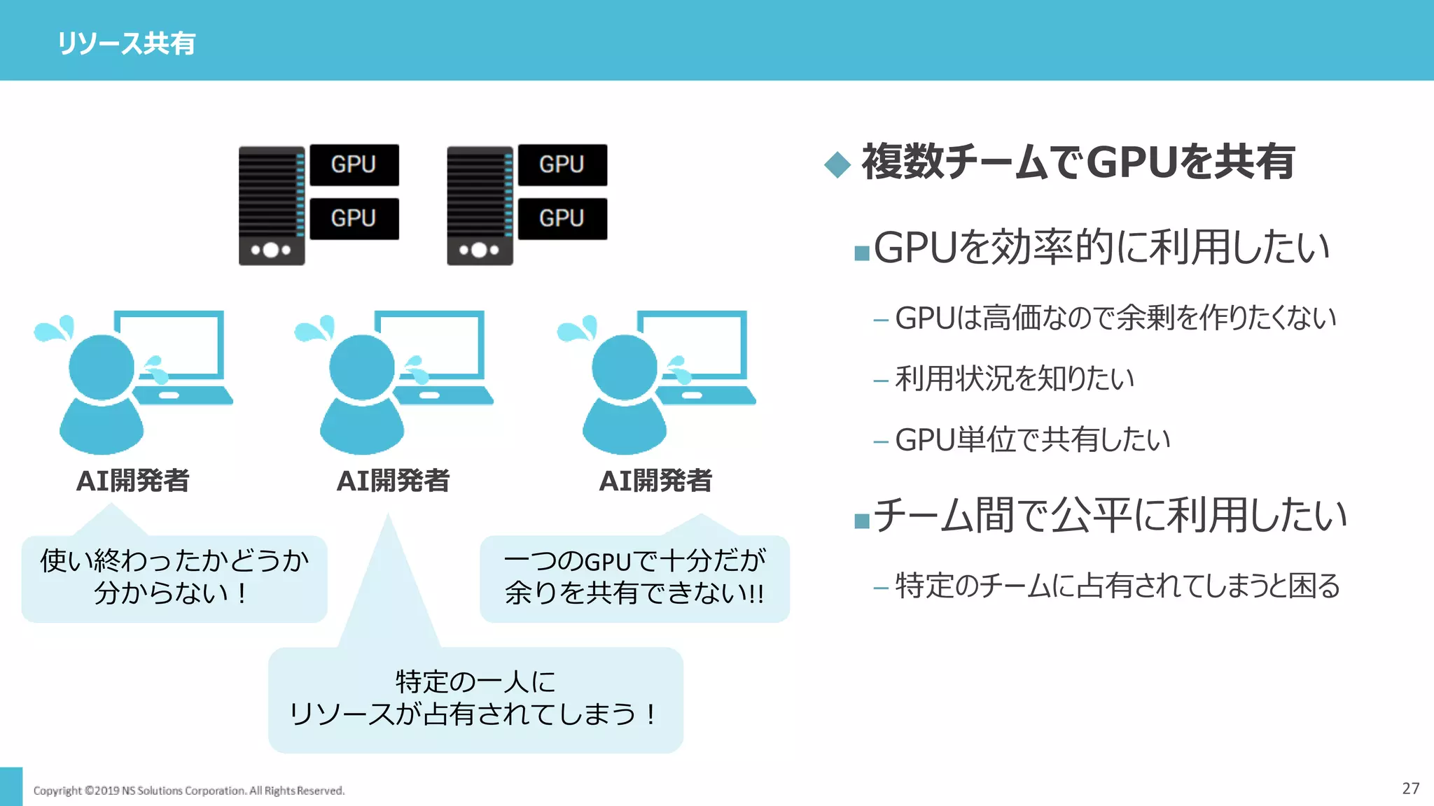 リソース共有
27
 複数チームでGPUを共有
GPUを効率的に利用したい
– GPUは高価なので余剰を作りたくない
– 利用状況を知りたい
– GPU単位で共有したい
チーム間で公平に利用したい
– 特定のチームに占有されてしまうと困る
使い終わったかどうか
分からない！
特定の一人に
リソースが占有されてしまう！
一つのGPUで十分だが
余りを共有できない!!
AI開発者 AI開発者 AI開発者
 