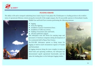 FLYING CRANE
The ability to lift and to transport underslung heavy loads of up to 5 tons places Ka-32 helicopter to a leading position in the world in
terms of operational efficiency criteria among the rotorcraft of this weight category. Ka-32 successfully operates in Switzerland, Canada,
                                          Middle East and South East countries performing the following missions:

                                        • logging;
                                        • forest fire-fighting;
                                        • installation of power transmission lines;
                                        • installation of cable-way towers;
                                        • building of mountain cafes and hotels;
                                        • off-shore platforms support.
                                        The helicopters were also flown for carrying cargo and
                                        personnel of American companies during development of
                                        the continental shelf in Papua New Guinea.
                                        Ka-32A11BC helicopters operate as flying cranes for
                                        logging in hard-to-reach mountainous regions of Canada
                                        and Switzerland.
                                        In logging missions, being the most complex in terms of
                                        lifted loads and operating conditions, the helicopter has
                                        demonstrated superb operational functionality and has
                                        taken the leading place on the helicopter logging market.



                                                                                                                                         16
 