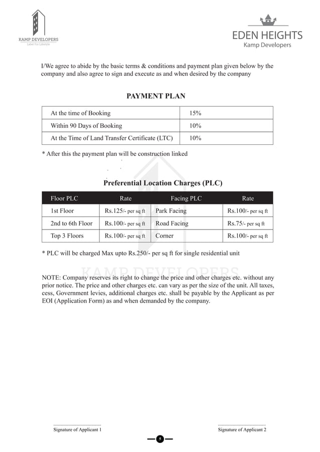 Kamp Developers Application Form Affordable Housing Property in L Zone, Delhi NCR