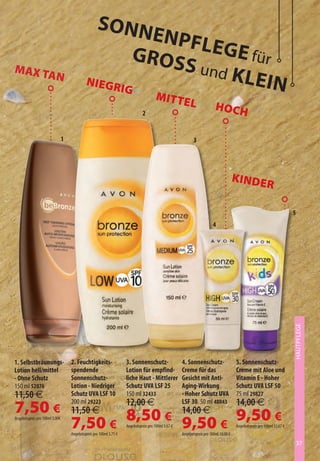 ßo

                                                       i
pfe
                                                     Groß iGi für
MAx t                                                     ßund ul
     AN
                                             Niegr
                                                   ig
                                                                  ein
                                                                                       Mit te
                                                                                                           l               HoCH
                                                                               2


                                1                                                                            3




                                                                                                                                        KiNde
                                                                                                                                                           r

                                                                                                                                                                          5
                                                                                                                         4




                                                                                                                                                                          HAUTPFLEGE




1. Selbstbräunungs-                 2. Feuchtigkeits-                3. Sonnenschutz-                 4. Sonnenschutz-                  5. Sonnenschutz-
Lotion hell/mittel                  spendende                        Lotion für empfind-              Creme für das                     Creme mit Aloe und
- Ohne Schutz                       Sonnenschutz-                    liche Haut - Mittlerer           Gesicht mit Anti-                 Vitamin E - Hoher
150 ml 52076                        Lotion - Niedriger               Schutz UVA LSF 25                Aging-Wirkung                     Schutz UVA LSF 50
11,50 €                             Schutz UVA LSF 10                150 ml 32433                     - Hoher Schutz UVA                75 ml 29827
                                                                     12,00 €                                                            14,00 €
7,50 €
                                    200 ml 29223                                                      LSF 30. 50 ml 48843
                                    11,50 €                                                           14,00 €
Angebotspreis pro 100ml 5,00€
                                    7,50 € 8,50 € 9,50 € 9,50 €
                                    Angebotspreis pro 100ml 3,75 €
                                                                     Angebotspreis pro 100ml 5,67 €
                                                                                                      Angebotspreis pro 100ml 19,00 €
                                                                                                                                        Angebotspreis pro 100ml 12,67 €


                                                                                                                                                                              37
 