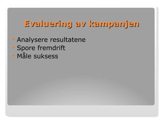 Evaluering av kampanjen Analysere resultatene Spore fremdrift Måle suksess   