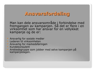 Ansvarsfordeling Man kan dele ansvarsområde i forbindelse med fremgangen av kampanjen. Så det er flere i en virksomhet som har ansvar for en vellykket kampanje og de er: Ansvarlig for sosiale medier Lederen til virksomheten Ansvarlig for markedsføringen Kundekonsulent  Arebiedsgruppe som jobber med selve kampanjen på kampanjedagen.   