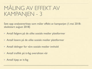 MÅLING AV EFFEKT AV
KAMPANJEN - 3
Sett opp analyseverktøy som måler effekt av kampanjen (1.mai 2018-
skolestart august 2018)
Antall følgere på de ulike sosiale medier plattformer
Antall lesere på de ulike sosiale medier plattformer
Antall delinger for våre sosiale medier innhold
Antall traﬁkk på it-fag oversikten vår
Antall kjøp av it-fag
 
