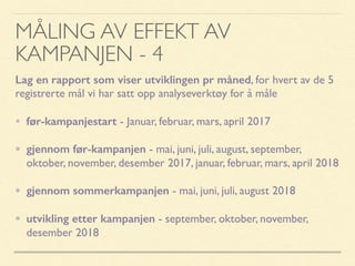MÅLING AV EFFEKT AV
KAMPANJEN - 4
Lag en rapport som viser utviklingen pr måned, for hvert av de 5
registrerte mål vi har satt opp analyseverktøy for å måle
• før-kampanjestart - Januar, februar, mars, april 2017
• gjennom før-kampanjen - mai, juni, juli, august, september,
oktober, november, desember 2017, januar, februar, mars, april 2018
• gjennom sommerkampanjen - mai, juni, juli, august 2018
• utvikling etter kampanjen - september, oktober, november,
desember 2018
 