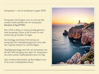 Kampanjen skal fungere som en serie på alle
sosiale medier-plattformer for kampanjen
#ønsket-it-fag-NTNU
Det vil bli trukket ut vinnere jevnlig gjennom
hele kampanjen. Disse vil bli frontet ut med
ønsket fag og fordeler fra faget.
Startinnlegg med beste fremvisning om
kampanjen (fra idemyldring gjennom året, eller
den orginale teksten fra startforslaget)
Oppfølgingsinnlegg med info om kampanjen, der
det blir delt fremgang som skjer for kampanjen i
de andre sosiale medierplattformene til it-fag
(økt merkevarebevissthet og ﬂere følgere over
til de andre medieplattformene)
Kampanjen 1. mai til studiestart august 2018
 