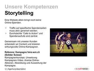 12 | Agenturpräsentation
Eine Website allein bringt noch keine
Online-Spenden.
> Traffic auf spezifische Spendenseiten
muss aktiv generiert werden.
> Durchdachte “Calls to Action” und
Spendenaufrufe sind zentral.
Gemeinsam mit unseren Kunden
entwickeln wir Content und kreieren
wirkungsvolle Online-Kampagnen.
Referenz: Kampagne faire-wm.ch
(Solidar Suisse)
Kampagnenkonzept, Umsetzung
Kampagnen-Video, diverse Online-
Aktionen, Abwicklung und Auswertung der
Kampagne.
Unsere Kompetenzen
Storytelling
 