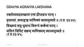 GRAHYA AGRAHYA LAKSHANA
रक्तोत्पलदलच्छायं रम्यं दीप्तप्रभ परम् ।
िृत्तायतं ,समाङ्गञ्च मानिक्यं जात्यमुच्यते ॥ (र.त. २३/४४)
निच्छायं लघु धूमाभं निरूपं कक
क शं परम् ।
मनलिं निनपटं िक्रम् मानिक्यम् त्याज्यमुच्यते ॥
(र.त.२३/४५)
07-07-2024 dr aparna nandakumar 11
 