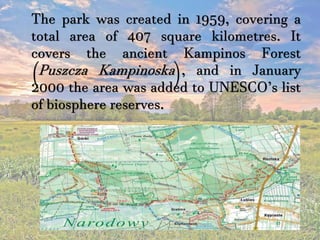 The park was created in 1959, covering a
total area of 407 square kilometres. It
covers the ancient Kampinos Forest
(Puszcza Kampinoska), and in January
2000 the area was added to UNESCO’s list
of biosphere reserves.
 