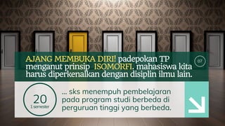 07AJANG MEMBUKA DIRI! padepokan TP
menganut prinsip ISOMORFI. mahasiswa kita
harus diperkenalkan dengan disiplin ilmu lain.
201semester
... sks menempuh pembelajaran
pada program studi berbeda di
perguruan tinggi yang berbeda.
 