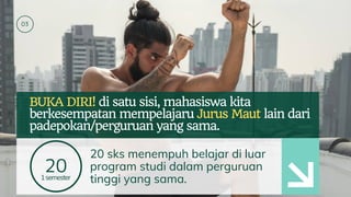03
BUKA DIRI! di satu sisi, mahasiswa kita
berkesempatan mempelajaru Jurus Maut lain dari
padepokan/perguruan yang sama.
201semester
20 sks menempuh belajar di luar
program studi dalam perguruan
tinggi yang sama.
 
