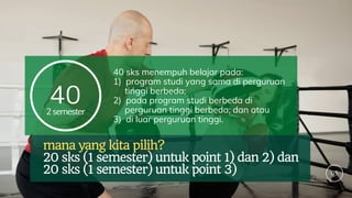 40
40 sks menempuh belajar pada:
1) program studi yang sama di perguruan
tinggi berbeda;
2) pada program studi berbeda di
perguruan tinggi berbeda; dan atau
3) di luar perguruan tinggi.
2semester
mana yang kita pilih?
20 sks (1 semester) untuk point 1) dan 2) dan
20 sks (1 semester) untuk point 3) 05
 