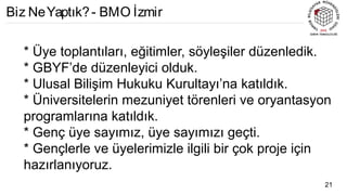 * Üye toplantıları, eğitimler, söyleşiler düzenledik.
* GBYF’de düzenleyici olduk.
* Ulusal Bilişim Hukuku Kurultayı’na katıldık.
* Üniversitelerin mezuniyet törenleri ve oryantasyon
programlarına katıldık.
* Genç üye sayımız, üye sayımızı geçti.
* Gençlerle ve üyelerimizle ilgili bir çok proje için
hazırlanıyoruz.
21
Biz NeYaptık?- BMO İzmir
 