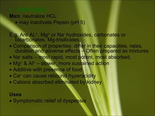 7. ANTACIDS
Mxn: neutralize HCL
• may inactivate Pepsin (pH 5)
E.g. Are AL3+
, Mg2+
or Na+
hydroxides, carbonates or
bicarbonates, Mg-trisilicates
• Comparison of properties: differ in their capacities, rates,
duration and adverse effects – Often prepared as mixtures
• Na+
salts – most rapid, most potent, most absorbed,
• Mg2+
& Al3+
– slower, more sustained action
• Additive with presence of food
• Ca2+
can cause rebound hyperacidity
• Cations absorbed eliminated by kidney
Uses
• Symptomatic relief of dyspepsia
 
