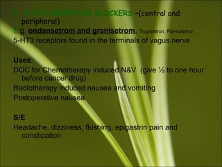 2. 5-HT3-RECEPTOR BLOCKERS –(central and
peripheral)
E.g. ondansetrom and granisetrom, Tropisetron, Ramosetron
5-HT3 receptors found in the terminals of vagus nerve
Uses:
DOC for Chemotherapy induced N&V (give ½ to one hour
before cancer drug)
Radiotherapy induced nausea and vomiting
Postoperative nausea
S/E
Headache, dizziness, flushing, epigastrin pain and
constipation
 