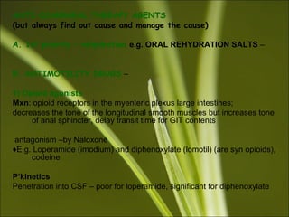 ANTI-DIARRHEAL THERAPY AGENTS
(but always find out cause and manage the cause)
A. 1st priority – rehydration e.g. ORAL REHYDRATION SALTS –
B. ANTIMOTILITY DRUGS –
1) Opioid agonists
Mxn: opioid receptors in the myenteric plexus large intestines;
decreases the tone of the longitudinal smooth muscles but increases tone
of anal sphincter, delay transit time for GIT contents
antagonism –by Naloxone
♦E.g. Loperamide (imodium) and diphenoxylate (lomotil) (are syn opioids),
codeine
P’kinetics
Penetration into CSF – poor for loperamide, significant for diphenoxylate
 