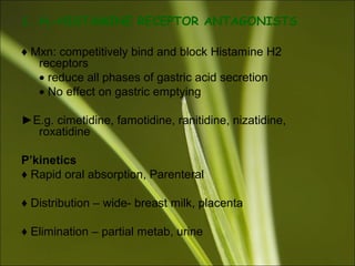 1. H2-HISTAMINE RECEPTOR ANTAGONISTS
♦ Mxn: competitively bind and block Histamine H2
receptors
• reduce all phases of gastric acid secretion
• No effect on gastric emptying
►E.g. cimetidine, famotidine, ranitidine, nizatidine,
roxatidine
P’kinetics
♦ Rapid oral absorption, Parenteral
♦ Distribution – wide- breast milk, placenta
♦ Elimination – partial metab, urine
 