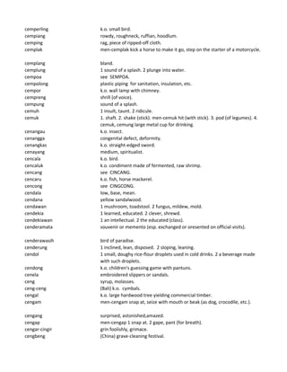 cemperling k.o. small bird.
cempiang rowdy, roughneck, ruffian, hoodlum.
cemping rag, piece of ripped-off cloth.
cemplak men-cemplak kick a horse to make it go, step on the starter of a motorcycle.
cemplang bland.
cemplung 1 sound of a splash. 2 plunge into water.
cempoa see SEMPOA.
cempolong plastic piping for sanitation, insulation, etc.
cempor k.o. wall lamp with chimney.
cempreng shrill (of voice).
cempung sound of a splash.
cemuh 1 insult, taunt. 2 ridicule.
cemuk 1. shaft. 2. shake (stick). men-cemuk hit (with stick). 3. pod (of legumes). 4.
cemuk, cemung large metal cup for drinking.
cenangau k.o. insect.
cenangga congenital defect, deformity.
cenangkas k.o. straight-edged sword.
cenayang medium, spiritualist.
cencala k.o. bird.
cencaluk k.o. condiment made of fermented, raw shrimp.
cencang see CINCANG.
cencaru k.o. fish, horse mackerel.
cencong see CINGCONG.
cendala low, base, mean.
cendana yellow sandalwood.
cendawan 1 mushroom, toadstool. 2 fungus, mildew, mold.
cendekia 1 learned, educated. 2 clever, shrewd.
cendekiawan 1 an intellectual. 2 the educated (class).
cenderamata souvenir or memento (esp. exchanged or oresented on official visits).
cenderawasih bird of paradise.
cenderung 1 inclined, lean, disposed. 2 sloping, leaning.
cendol 1 small, doughy rice-flour droplets used in cold drinks. 2 a beverage made
with such droplets.
cendong k.o. children's guessing game with pantuns.
cenela embroidered slippers or sandals.
ceng syrup, molasses.
ceng-ceng (Bali) k.o. cymbals.
cengal k.o. large hardwood tree yielding commercial timber.
cengam men-cengam snap at, seize with mouth or beak (as dog, crocodile, etc.).
cengang surprised, astonished,amazed.
cengap men-cengap 1 snap at. 2 gape, pant (for breath).
cengar-cingir grin foolishly, grimace.
cengbeng (China) grave-cleaning festival.
 
