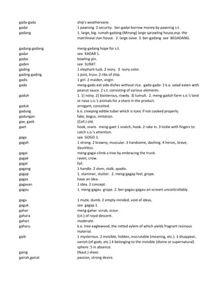 gada-gada ship's weathervane.
gadai 1 pawning. 2 security. ber-gadai borrow money by pawning s.t.
gadang 1. large, big. rumah-gadang (Minang) large sprawling house,esp. the
matrilineal clan house. 2. large sieve. 3. ber-gadang see BEGADANG.
gadang-gadang meng-gadang hope for s.t.
gadar see KADAR 1.
gadas bowling pin.
gaden see SURAT.
gading 1 elephant tusk. 2 ivory. 3 ivory color.
gading-gading 1 joist, truss. 2 ribs of ship.
gadis 1 girl. 2 maiden, virgin.
gado meng-gado eat side dishes without rice. gado-gado 1 k.o. salad eaten with
peanut sauce. 2 s.t. consisting of various elements.
gaduh 1. 1) noisy. 2) boisterous, rowdy. 3) tumult. 2. meng-gaduh farm s.o.'s land
or raise s.o.'s animals for a share in the product.
gaduk arrogant, conceited.
gadung k.o. creeping edible tuber which is toxic if not cooked properly.
gadungan fake, bogus, imitation.
gae, gaek (Coll.) old.
gaet hook, snare. meng-gaet 1 snatch, hook. 2 rake in. 3 tickle with fingers to
catch s.o.'s attention.
gaga see GOGO 1.
gagah 1 strong. 2 brawny, muscular. 3 handsome, dashing. 4 heroic, brave,
dauntless.
gagai meng-gagai climb a tree by embracing the trunk.
gagak raven, crow.
gagal fail.
gagang 1 handle. 2 stem, stalk, spadix.
gagap 1. stammer, stutter. 2. meng-gagap feel, grope.
gagas have an idea.
gagasan 1 idea. 2 concept.
gagau 1. meng-gagau grope. 2. ber-gagau-gagau-an scream uncontrollably.
gagu 1 mute, dumb. 2 empty-minded, void of ideas.
gaguk see gagap 1.
gahar meng-gahar scrub, scour.
gahara (Lit.) of royal descent.
gahari moderate.
gaharu k.o. tree eaglewood, the rotted xylem of which yields fragrant resinous
material.
gaib 1 mysterious. 2 invisible, hidden, inscrutable (meaning, etc.). 3 disappear,
vanish (of gods, etc.) 4 belonging to the invisible (divine or supernatural)
sphere. 5 in absence.
gaing (Naut.) sheer.
gairah,gairat passion, strong desire.
 