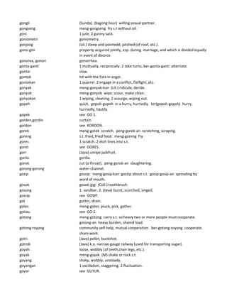 gongli (Sunda) (bagong lieur) willing sexual partner.
gongseng meng-gongseng fry s.t without oil.
goni 1 jute. 2 gunny-sack.
goniometri goniometry.
gonjong (Lit.) steep and pointedd, pitched (of roof, etc.).
gono-gini property acquired jointly, esp. during marriage, and which is divided equally
in event of divorce.
gonorea, gonori gonorrhea.
gonta-ganti 1 muttually, reciprocally. 2 take turns, ber-gonta-ganti alternate.
gontai slow.
gontok hit with the fists in anger.
gontokan 1 quarrel. 2 engage in a conflict, fistfight, etc.
gonyak meng-gonyak-kan (Lit.) ridicule, deride.
gonyok meng-gonyok wipe, scour, make clean.
gonyokan 1 wiping, cleaning. 2 scourge, wiping out.
gopeh quick. gopoh-gopoh in a hurry, hurriedly. ter(gopoh-gopoh) hurry,
hurriedly, hastily.
gopek see GO 1.
gorden,gordin curtain.
gordon see KORDON.
gorek meng-gorek scratch. peng-gorek-an scratching, scraping.
goreng s.t. fried, fried food. meng-goreng fry.
gores 1 scratch. 2 etch lines into s.t.
goret see GORES.
gori (Java) unripe jackfruit.
gorila gorilla.
gorok cut (a throat). peng-gorok-an slaughtering.
gorong-gorong water-channel.
gosip gossip. meng-gosip-kan gossip about s.t. gosip-gosip-an spreading by
word of mouth.
gosok gosok-gigi (Coll.) toothbrush.
gosong 1. sandbar. 2. (Java) burnt, scorched, singed.
gossip see GOSIP.
got gutter, drain.
gotes meng-gotes pluck, pick, gather.
gotiau see GO 1.
gotong meng-gotong carry s.t. so heavy two or more people must cooperate.
gotong-an heavy burden, shared load.
gotong-royong community self-help, mutual cooperation. ber-gotong-royong cooperate,
share work.
gotri (Java) pellet, buckshot.
gotrok (Java) k.o. narrow-gauge railway (used for transporting sugar).
goyah loose, wobbly (of teeth,chair legs, etc.).
goyak meng-goyak (M) shake or rock s.t.
goyang shaky, wobbly, unsteady.
goyangan 1 oscillation, staggering. 2 fluctuation.
goyor see GUYUR.
 
