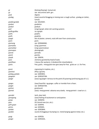 gr [Gotong Royong] mutual aid.
gr- see also entries with ger-.
grad degree.
gradag (Java) sound of dragging or moving over a rough surface. gradag-an clatter,
tumult.
gradah,gradak see GELEDAH.
gradasi gradation.
graduil gradual.
graf (Ling.0 graph, letter (of a writing system).
grafik,grafika on a graph.
grafis graphic.
grafit graphite.
gragal bits of plaster, cement, rocks left over from construction.
gram gram.
gramang see GERAMANG.
gramatika (Ling.) grammar.
gramatikal (Ling.) grammatical.
gramopon phonograph.
granat grenade.
granit granite.
grapik see GRAFIK.
grasi clemency granted by head of state.
gratifikasi 1 bonus (for workers). 2 dividend (for shareholders).
gratis free, gratis. meng-gratis-kan give away for free. gratis-an s.t. for free.
gravir engraving (in trophies, etc.).
gravitasi (Phys.) gravity.
grebeg, grebek see GAREBEG.
gregatan see GEREGETAN.
gregel (Java) ng-gregel-i nervous to the point of quivering (and lossing grip of s.t.).
greges (Java) feverfish. ng-greges suffer or tremble from a fever.
greget see GEREGETAN.
grehon greyhound.
gremet (Java) meng-gremet advance very slowly. meng-gremet-i crawl on s.t.
grendel latch, door bolt.
grengseng (Java) feeling of excitement or anticipation.
grepe see GERAPAI.
gres (Sl.) brand new (car, etc.).
grifir,gripir see GERIPIR.
grimis see GERIMIS.
grobak see GEROBAK.
grodok sound of dragging or bumping (i.e. metal banging against metal, etc.).
grogi see GEROGI.
grogol see GEROGOL.
 