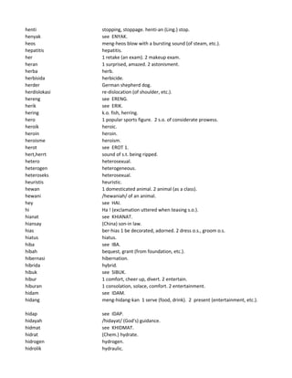 henti stopping, stoppage. henti-an (Ling.) stop.
henyak see ENYAK.
heos meng-heos blow with a bursting sound (of steam, etc.).
hepatitis hepatitis.
her 1 retake (an exam). 2 makeup exam.
heran 1 surprised, amazed. 2 astonisment.
herba herb.
herbisida herbicide.
herder German shepherd dog.
herdislokasi re-dislocation (of shoulder, etc.).
hereng see ERENG.
herik see ERIK.
hering k.o. fish, herring.
hero 1 popular sports figure. 2 s.o. of considerate prowess.
heroik heroic.
heroin heroin.
heroisme heroism.
herot see EROT 1.
hert,herrt sound of s.t. being ripped.
hetero heterosexual.
heterogen heterogeneous.
heteroseks heterosexual.
heuristis heuristic.
hewan 1 domesticated animal. 2 animal (as a class).
hewani /hewaniah/ of an animal.
hey see HAI.
hi Ha ! (exclamation uttered when teasing s.o.).
hianat see KHIANAT.
hiansay (China) son-in law.
hias ber-hias 1 be decorated, adorned. 2 dress o.s., groom o.s.
hiatus hiatus.
hiba see IBA.
hibah bequest, grant (from foundation, etc.).
hibernasi hibernation.
hibrida hybrid.
hibuk see SIBUK.
hibur 1 comfort, cheer up, divert. 2 entertain.
hiburan 1 consolation, solace, comfort. 2 entertainment.
hidam see IDAM.
hidang meng-hidang-kan 1 serve (food, drink). 2 present (entertainment, etc.).
hidap see IDAP.
hidayah /hidayat/ (God's) guidance.
hidmat see KHIDMAT.
hidrat (Chem.) hydrate.
hidrogen hydrogen.
hidrolik hydraulic.
 