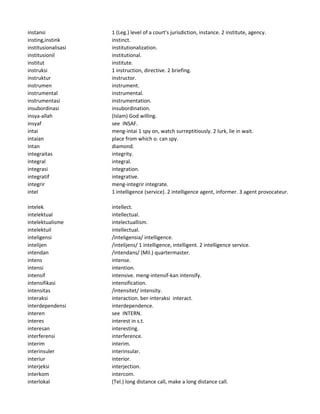 instansi 1 (Leg.) level of a court's jurisdiction, instance. 2 institute, agency.
insting,instink instinct.
institusionalisasi institutionalization.
institusionil institutional.
institut institute.
instruksi 1 instruction, directive. 2 briefing.
instruktur instructor.
instrumen instrument.
instrumental instrumental.
instrumentasi instrumentation.
insubordinasi insubordination.
insya-allah (Islam) God willing.
insyaf see INSAF.
intai meng-intai 1 spy on, watch surreptitiously. 2 lurk, lie in wait.
intaian place from which o. can spy.
intan diamond.
integraitas integrity.
integral integral.
integrasi integration.
integratif integrative.
integrir meng-integrir integrate.
intel 1 intelligence (service). 2 intelligence agent, informer. 3 agent provocateur.
intelek intellect.
intelektual intellectual.
intelektualisme intelectuallism.
intelektuil intellectual.
inteligensi /inteligensia/ intelligence.
intelijen /intelijens/ 1 intelligence, intelligent. 2 intelligence service.
intendan /intendans/ (Mil.) quartermaster.
intens intense.
intensi intention.
intensif intensive. meng-intensif-kan intensify.
intensifikasi intensification.
intensitas /intensitet/ intensity.
interaksi interaction. ber-interaksi interact.
interdependensi interdependence.
interen see INTERN.
interes interest in s.t.
interesan interesting.
interferensi interference.
interim interim.
interinsuler interinsular.
interiur interior.
interjeksi interjection.
interkom intercom.
interlokal (Tel.) long distance call, make a long distance call.
 
