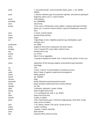 jarah 1. men-jarah plunder. jarah-an plunder, booty, spoils. 2. see ZARAH,
ZIARAH.
jarak 1. distance between, gap. men-jarak-kan separate. pen-jarak-an spacing (of
pregnancy, plants, etc.). 2. castor oil plant.
jaram cold compress.
jarambab see JEREMBAB.
jaran (Java) horse.
jarang 1 rare, scare. 2 infrequently, rarely, seldom. 3 spaced, wide apart (of teeth,
plants, etc.). 4 coarse in texture (cloth). 5 spare (of inhabitants), scanty (of
hair).
jaras 1. bunch. 2 wicker basket.
jarem beuised, black and blue.
jargon jargon.
jari 1 digit (finger or toe). 2 digitlike projection (eg. wheelspokes, squid
tentacles, etc.).
jariah,jariat see AMAL.
jaring dragnet or seine (not a casting net), net used in sports.
jaringan 1 net. 2 network (TV, road, radio). 3 (Anat.) tissue.
jaro bamboo lath or slat.
jarong k.o. of tree.
jarot fiber in fruit or vegetables.
jarum 1 sewing or hypodermic needle. 2 pin. 3 hand of clock, pointer. 4 trick, ruse.
jarwa explanation of the meaning, exegesis. jarwa-dosok (Ling.) associative
etymology.
jas coat.
jasa 1 merit. 2 service. 3 commendable or meritorious service.
jasad (Biol.) 1 body. 2 organism. jasad-renik microorganism.
jasadi bodily, physical.
jasirah see JAZIRAH.
jasmani body.
jasmaniah bodily. kebutuhan-jasmaniah physical needs.
jasuka [Jawa, Sumatera, Kalimantan] Java, Sumatra, Borneo.
jaswadi see JAS.
jatah 1 allotment, allocation. 2 quota. 3 bribe.
jateng [Jawa Tengah] Central Java.
jati 1. k.o. hardwood tree, teak. 2. see SEJATI.
jatim [Jawa Timur] East Java.
jatmika 1 polite. 2 modest.
jatuh 1 fall. 2 fall (of prices, gvt.). 3 fall from a high position. 4 fail, flunk. 5 lead,
reach, arrive. 6 related.
jauh 1. far, distant, remote. 2 far, by far. se-jauh as far as.
jauhar 1 jewel. 2 embryo.
jauhari 1 jeweler. 2 expert, specialist.
jauza (Zod.) Gemini.
jaw. [Jawatan] office, division, bureau.
 
