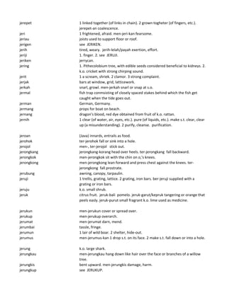 jerepet 1 linked together (of links in chain). 2 grown togheter (of fingers, etc.).
jerepet-an coalescence.
jeri 1 frightened, afraid. men-jeri-kan fearsome.
jeriau joists used to support floor or roof.
jerigen see JERIKEN.
jerih tired, weary. jerih-lelah/payah exertion, effort.
jeriji 1. finger. 2. see JERUJI.
jeriken jerrycan.
jering 1. Pithecolobium tree, with edible seeds considered beneficial to kidneys. 2.
k.o. cricket with strong chirping sound.
jerit 1 a scream, shriek. 2 clamor. 3 strong complaint.
jerjak bars at window, grid, latticework.
jerkah snarl, growl. men-jerkah snarl or snap at s.o.
jermal fish trap conmsisting of closely spaced stakes behind which the fish get
caught when the tide goes out.
jerman German, Germany.
jermang props for boat on beach.
jernang dragon's blood, red dye obtained from fruit of k.o. rattan.
jernih 1 clear (of water, air, eyes, etc.). pure (of liquids, etc.). make s.t. clear, clear
up (a misunderstanding). 2 purify, cleanse. purification.
jeroan (Java) innards, entrails as food.
jerohok ter-jerohok fall or sink into a hole.
jerojol men-, ter-jerojol stick out.
jerongkang jerongkang-korang head over heels. ter-jerongkang fall backward.
jerongkok men-jerongkok sit with the chin on o,'s knees.
jerongkong men-jerongkong lean forward and press chest against the knees. ter-
jerongkong fall prostrate.
jerubung awning, canopy, tarpaulin.
jeruji 1 trellis, grating, lattice. 2 grating, iron bars. ber-jeruji supplied with a
grating or iron bars.
jeruju k.o. small shrub.
jeruk citrus fruit. jeruk-bali pomelo. jeruk-garut/kepruk tangering or orange that
peels easly. jeruk-purut small fragrant k.o. lime used as medicine.
jerukun men-jerukun cover or spread over.
jerukup men-jerukup overarch.
jerumat men-jerumat darn, mend.
jerumbai tassle, fringe.
jerumun 1 lair of wild boar. 2 shelter, hide-out.
jerumus men-jerumus-kan 1 drop s.t. on its face. 2 make s.t. fall down or into a hole.
jerung k.o. large shark.
jerungkau men-jerungkau hang down like hair over the face or branches of a willow
tree.
jerungkis bent upward. men-jerungkis damage, harm.
jerungkup see JERUKUP.
 