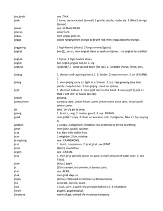 jina,jinah see ZINA.
jinak 1 tame, domesticated (animal). 2 gentle, docile, moderate. 3 (Med.) benign
(tumor).
jinawi see GEMAH-RIPAH.
jinerap absorbant.
jingau men-jingau peer at.
jingga colors ranging from orange to bright red. men-jingga become orange.
jinggering 1 high-heeled (shoes). 2 longstemmed (glass).
jingkat ber-(2), bersi-, men-jingkat stand or walk on tiptoes. ter-jingkat be startled.
jingkek 1 tiptoe. 2 high-heeled shoes.
jingkik ber-jingkik-jingkik hop on o. leg.
jingklak /jingkrak/ 1. jump up and down (for joy). 2. straddle (horse, fence, etc.).
jinjang 1. slender and tapering (neck). 2. 1) leader. 2) necromancer. 3. se JENJANG
1.
jinjing 1. men-jinjing carry s.t. light in o.'s hand. 2. k.o. fast-growing tree that
yields cheap lumber. 3. ber-jinjing stand on tiptoes.
jinjit 1. stand on tiptoes. 2. men-jinjit carry in the hand. 3. men-jinjit 1) pull s.t.
that is not stiff. 2) tweak (an ear).
jinsom ginseng.
jintan,jinten caraway seed. jintan-hitam cumin. jintan-manis anise seed. jintan-putih
white cumin.
jip jeep. ber-jip go by jeep.
jipang 1. branch, twig. 2. melon, gourd. 3. see BIPANG.
jiplak men-jiplak 1 copy. 2 cheat on an exam, crib. 3 plagiarize, fake s.t. by copying
it.
jiplakan 1 a copy. 2 plagiatism, imitation that pretends to be the real thing.
jiprat men-jiprat splash, splatter.
jirak k.o. tree with edible fruit.
jiran 1 neighbor. 2 kin, relative.
jirangkong see JERANGKONG.
jirat 1. tomb, mousoleum. 2. jirat, jiret see JERAT.
jirian (Med.) leucorrhea.
jirigen see JERIKEN.
jirus 1. men-jirus sprinkle water on, pour a small amount of water over. 2. see
TIRUS.
jisim (Anat.) body.
jit (China) seven, in commercial transactions.
jitah see AKAR.
jitak men-jitak slap s.o.
jitpek (China) 700 (used in commercial transactions).
jitu accurate, precise, exact.
jiwa 1 soul, spirit. 2 spirit, the principle behind s.t. 3 inhabitant.
jiwani psychic, psychological.
jiwasraya name of gvt.-owned life insurance company.
 