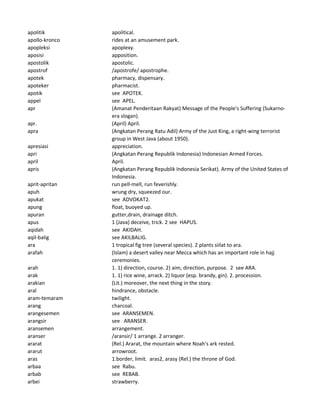apolitik apolitical.
apollo-kronco rides at an amusement park.
apopleksi apoplexy.
aposisi apposition.
apostolik apostolic.
apostrof /apostrofe/ apostrophe.
apotek pharmacy, dispensary.
apoteker pharmacist.
apotik see APOTEK.
appel see APEL.
apr (Amanat Penderitaan Rakyat) Message of the People's Suffering (Sukarno-
era slogan).
apr. (April) April.
apra (Angkatan Perang Ratu Adil) Army of the Just King, a right-wing terrorist
group in West Java (about 1950).
apresiasi appreciation.
apri (Angkatan Perang Republik Indonesia) Indonesian Armed Forces.
april April.
apris (Angkatan Perang Republik Indonesia Serikat). Army of the United States of
Indonesia.
aprit-apritan run pell-mell, run feverishly.
apuh wrung dry, squeezed our.
apukat see ADVOKAT2.
apung float, buoyed up.
apuran gutter,drain, drainage ditch.
apus 1 (Java) deceive, trick. 2 see HAPUS.
aqidah see AKIDAH.
aqil-balig see AKILBALIG.
ara 1 tropical fig tree (several species). 2 plants siilat to ara.
arafah (Islam) a desert valley near Mecca which has an important role in hajj
ceremonies.
arah 1. 1) direction, course. 2) aim, direction, purpose. 2 see ARA.
arak 1. 1) rice wine, arrack. 2) liquor (esp. brandy, gin). 2. procession.
arakian (Lit.) moreover, the next thing in the story.
aral hindrance, obstacle.
aram-temaram twilight.
arang charcoal.
arangesemen see ARANSEMEN.
arangsir see ARANSER.
aransemen arrangement.
aranser /aransir/ 1 arrange. 2 arranger.
ararat (Rel.) Ararat, the mountain where Noah's ark rested.
ararut arrowroot.
aras 1.border, limit. aras2, arasy (Rel.) the throne of God.
arbaa see Rabu.
arbab see REBAB.
arbei strawberry.
 