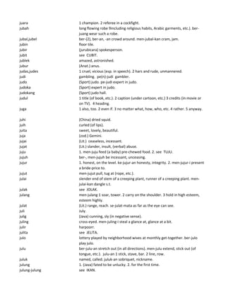 juara 1 champion. 2 referee in a cockfight.
jubah long flowing robe 9including religious habits, Arabic garments, etc.). ber-
juang wear such a robe.
jubal,jubel ber-(2), ber-an, -an crowd around. men-jubal-kan cram, jam.
jubin floor tile.
jubir (jurubicara) spokesperson.
jubit see CUBIT.
jublek amazed, astronished.
jubur (Anat.) anus.
judas,judes 1 cruel, vicious (esp. in speech). 2 hars and rude, unmannered.
judi gambling. pe(n)-judi gambler.
judo (Sport) judo. pe-judi expert in judo.
judoka (Sport) expert in judo.
judokang (Sport) judo hall.
judul 1 title (of book, etc.). 2 caption (under cartoon, etc.) 3 credits (in movie or
on TV). 4 heading.
juga 1 also, too. 2 even if. 3 no matter what, how, who, etc. 4 rather. 5 anyway.
juhi (China) dried squid.
juih curled (of lips).
juita sweet, lovely, beautiful.
juja (zod.) Gemini.
jujai (Lit.) ceaseless, incessant.
jujat (Lit.) slander, insult, (verbal) abuse.
juju 1. men-juju feed (a baby) pre-chewed food. 2. see TUJU.
jujuh ber-, men-jujuh be incessant, unceasing.
jujur 1. honest, on the level. ke-jujur-an honesty, integrity. 2. men-jujur-i present
a bride-price to.
jujut men-jujut pull, tug at (rope, etc.).
julai slender end of stem of a creeping plant, runner of a creeping plant. men-
julai-kan dangle s.t.
julak see JOLAK.
julang men-julang 1 soar, tower. 2 carry on the shoulder. 3 hold in high esteem,
esteem highly.
julat (Lit.) range, reach. se-julat-mata as far as the eye can see.
juli July.
julig (Java) cunning, sly (in negative sense).
juling cross-eyed. men-juling-i steal a glance at, glance at a bit.
julir harpoorr.
julita see JELITA.
julo lottery played by neighborhood wives at monthly get-together. ber-julo
play julo.
julu ber-julu-an stretch out (in all directions). men-julu extend, stick out (of
tongue, etc.). julu-an 1 stick, stave, bar. 2 line, row.
juluk named, called. juluk-an sobriquet, nickname.
julung 1. (Java) fated to be unlucky. 2. for the first time.
julung-julung see IKAN.
 
