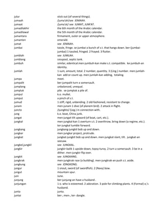 julur stick out (of several things).
jumaah /juma'ah/see JEMAAH.
jumaat /juma'at/ see JUMAT, JUM'AT.
jumadilakhir the 6th month of the Arabic calendar.
jumadilawal the 5th month of the Arabic calendar.
jumantara firmament, outer or upper atmosphere.
jumanten emerald.
jumat see JEMAAH.
jumbai tassle, fringe. se-jumbai a bunch of s.t. that hangs down. ber-(jumbai-
jumbai) 1 tassled, fringed. 2 frayed. 3 flutter.
jumblah see JUMLAH.
jumblang cesspool, septic tank.
jumbuh similar, edentical.men-jumbuh-kan make s.t. compatible. ke-jumbuh-an
identity.
jumlah 1 sum, amount, total. 2 number, quantity. 3 (Ling.) number. men-jumlah-
kan add or count up. men-jumlah-kan adding, totaling.
jumpa meet.
jumpalit ber-jumpalit turn a somersault.
jumplang unbalanced, unequal.
jumpluk pile. se-jumpluk a pile of.
jumpul k.o. mullet.
jumput a pinch of s.t.
jumud 1 stiff, rigid, unbending. 2 old-fashioned, resistant to change.
junam men-junam 1 dive (of planem bird). 2 attack in flight.
juncto /yungkto/ (Leg.) in connection with.
jung k.o. boat, China junk.
jungat men-jungat tilt upward (of boat, cart, etc.).
jungkal men-jungkal-kan 1 overturn s.t. 2 overthrow, bring down (a regime, etc.).
ter-jungkal tumble forward.
jungkang jungkang-jungkit bob up and down.
jungkar men-jungkar project, protrude.
jungkat jungkat-jungkit bob up and down. men-jungkat slant, tilt. jungkat-an
seesaw.
jungkel,jungkil see JUNGKAL.
jungkir jungkir-balik 1 upside-down, topsy-turvy. 2 turn a somersault. 3 be in a
dither. men-jungkir flip over.
jungkit see JUNGKANG.
jungkrak men-jungkrak raze (a building). men-jungkrak-an push s.t. aside.
jungkung see JONGKONG.
jungur 1 snout, sword (of swordfish). 2 (Navy) bow.
jungut mountain spur.
juni June.
junjung ber-junjung-an have a husband .
junjungan 1 o. who is esteemed. 2 adoration. 3 pole for climbing plants. 4 (Formal) o,'s
husband.
junta junta.
juntai ber-, men-, ter- dangle.
 