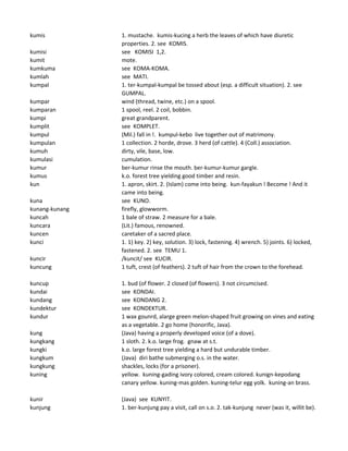 kumis 1. mustache. kumis-kucing a herb the leaves of which have diuretic
properties. 2. see KOMIS.
kumisi see KOMISI 1,2.
kumit mote.
kumkuma see KOMA-KOMA.
kumlah see MATI.
kumpal 1. ter-kumpal-kumpal be tossed about (esp. a difficult situation). 2. see
GUMPAL.
kumpar wind (thread, twine, etc.) on a spool.
kumparan 1 spool, reel. 2 coil, bobbin.
kumpi great grandparent.
kumplit see KOMPLET.
kumpul (Mil.) fall in !. kumpul-kebo live together out of matrimony.
kumpulan 1 collection. 2 horde, drove. 3 herd (of cattle). 4 (Coll.) association.
kumuh dirty, vile, base, low.
kumulasi cumulation.
kumur ber-kumur rinse the mouth. ber-kumur-kumur gargle.
kumus k.o. forest tree yielding good timber and resin.
kun 1. apron, skirt. 2. (Islam) come into being. kun-fayakun ! Become ! And it
came into being.
kuna see KUNO.
kunang-kunang firefly, glowworm.
kuncah 1 bale of straw. 2 measure for a bale.
kuncara (Lit.) famous, renowned.
kuncen caretaker of a sacred place.
kunci 1. 1) key. 2) key, solution. 3) lock, fastening. 4) wrench. 5) joints. 6) locked,
fastened. 2. see TEMU 1.
kuncir /kuncit/ see KUCIR.
kuncung 1 tuft, crest (of feathers). 2 tuft of hair from the crown to the forehead.
kuncup 1. bud (of flower. 2 closed (of flowers). 3 not circumcised.
kundai see KONDAI.
kundang see KONDANG 2.
kundektur see KONDEKTUR.
kundur 1 wax gounrd, alarge green melon-shaped fruit growing on vines and eating
as a vegetable. 2 go home (honorific, Java).
kung (Java) having a properly developed voice (of a dove).
kungkang 1 sloth. 2. k.o. large frog. gnaw at s.t.
kungki k.o. large forest tree yielding a hard but undurable timber.
kungkum (Java) diri bathe submerging o.s. in the water.
kungkung shackles, locks (for a prisoner).
kuning yellow. kuning-gading ivory colored, cream colored. kunign-kepodang
canary yellow. kuning-mas golden. kuning-telur egg yolk. kuning-an brass.
kunir (Java) see KUNYIT.
kunjung 1. ber-kunjung pay a visit, call on s.o. 2. tak-kunjung never (was it, willit be).
 