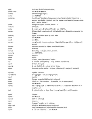 kuno 1 ancient. 2 old-fashioned, dated.
kuntal-kantil see KONTAL-KANTIL.
kuntau China boxing (kung-fu).
kuntet see KONTET.
kuntianak /kuntilanak/ (Java) a malicious supernatural beiong that is the spirit of a
woman who died in childbirth and that appears as a beautiful young woman
with a hole in her back.
kuntit meng-kuntit(i) tail, shadow, follow s.o.
kuntuan China silk.
kuntul 1. heron, egret. 2. tailles (of fowl). 3 see KONTOL.
kuntum 1 flower bud ready to open. 2 (Lit.) a budding girl. 3 classifier or counter for
flowers.
kuntung pigtail as formerly worn by China men.
kunun see KONON.
kunut see DOA.
kunyah meng-kunyah 1 chew, masticate. 2 digest (advice, a problem, etc.) kunyah-
an cud.
kunyam shrunken, sunken (of cheeks from loss of teeth).
kunyit turmeric.
kunyuk 1 monkey. 2 a stupid person, an idiot.
kunyung see KONYONG.
kuorum quorum.
kuota quota.
kuoyu /kwo-i/ (China) Mandarin Chinese.
kup 1. howdah (on elephant). 2 coup, political power move.
kupak broken, damaged.
kupang 1. k.o. shellfish. 2. a coin of former times.
kupas 1 remove peel or shells. 2 strip s.o. (of clothes). 3 analyze (a problem).
kupasan 1 peels. 2 analysis.
kupat-kapit 1 wagging (of a tail). 2 dangling limply.
kupel cupola.
kuper [kurang pergaulan] (Sl.) socially awkward.
kupet 1 bulb of a thermometer. 2 developing tray (in photography).
kupiah see KOPIAH.
kuping ear. kuping-gajah 1 anthurium, caladium. 2 k.o. cookie in the shape of an
elephant ear.
kupir 1. cutter in tailor or dress shop. 2. meng-kupir (Crd.) cut (the cards).
kuplet couplet.
kuplok see KULUK.
kupnat dark (in tailoring).
kupon coupon.
kupu /kupuan/ rank (by birth, nobility).
kupu-kupu butterfly. kupu-kupu-malam prostitute.
kupui large forest tree with reddish wood and edible fruit.
kupur 1. k.o. wild raspberry. 2. see KUFUR.
 
