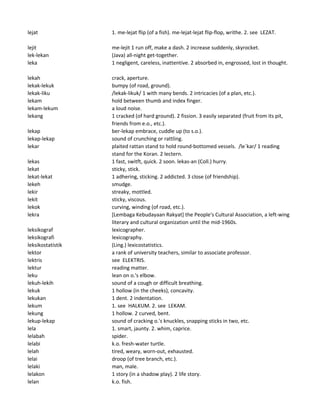 lejat 1. me-lejat flip (of a fish). me-lejat-lejat flip-flop, writhe. 2. see LEZAT.
lejit me-lejit 1 run off, make a dash. 2 increase suddenly, skyrocket.
lek-lekan (Java) all-night get-together.
leka 1 negligent, careless, inattentive. 2 absorbed in, engrossed, lost in thought.
lekah crack, aperture.
lekak-lekuk bumpy (of road, ground).
lekak-liku /lekak-likuk/ 1 with many bends. 2 intricacies (of a plan, etc.).
lekam hold between thumb and index finger.
lekam-lekum a loud noise.
lekang 1 cracked (of hard ground). 2 fission. 3 easily separated (fruit from its pit,
friends from e.o., etc.).
lekap ber-lekap embrace, cuddle up (to s.o.).
lekap-lekap sound of crunching or rattling.
lekar plaited rattan stand to hold round-bottomed vessels. /le`kar/ 1 reading
stand for the Koran. 2 lectern.
lekas 1 fast, switft, quick. 2 soon. lekas-an (Coll.) hurry.
lekat sticky, stick.
lekat-lekat 1 adhering, sticking. 2 addicted. 3 close (of friendship).
lekeh smudge.
lekir streaky, mottled.
lekit sticky, viscous.
lekok curving, winding (of road, etc.).
lekra [Lembaga Kebudayaan Rakyat] the People's Cultural Association, a left-wing
literary and cultural organization until the mid-1960s.
leksikograf lexicographer.
leksikografi lexicography.
leksikostatistik (Ling.) lexicostatistics.
lektor a rank of university teachers, similar to associate professor.
lektris see ELEKTRIS.
lektur reading matter.
leku lean on o.'s elbow.
lekuh-lekih sound of a cough or difficult breathing.
lekuk 1 hollow (in the cheeks), concavity.
lekukan 1 dent. 2 indentation.
lekum 1. see HALKUM. 2. see LEKAM.
lekung 1 hollow. 2 curved, bent.
lekup-lekap sound of cracking o.'s knuckles, snapping sticks in two, etc.
lela 1. smart, jaunty. 2. whim, caprice.
lelabah spider.
lelabi k.o. fresh-water turtle.
lelah tired, weary, worn-out, exhausted.
lelai droop (of tree branch, etc.).
lelaki man, male.
lelakon 1 story (in a shadow play). 2 life story.
lelan k.o. fish.
 